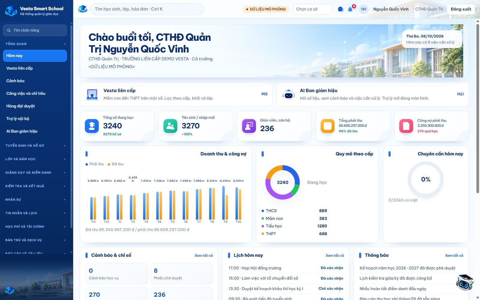 Ứng dụng điều hành Vesta Smart School với dữ liệu mẫu đủ mười hai tháng